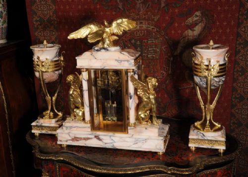 fig 3. Huge Antique Clock Set ~ Ormolu and Specimen Marble Four Glass Crystal Regulator
