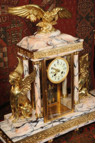 fig 4. Huge Antique Clock Set ~ Ormolu and Specimen Marble Four Glass Crystal Regulator
