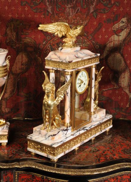 fig 5. Huge Antique Clock Set ~ Ormolu and Specimen Marble Four Glass Crystal Regulator