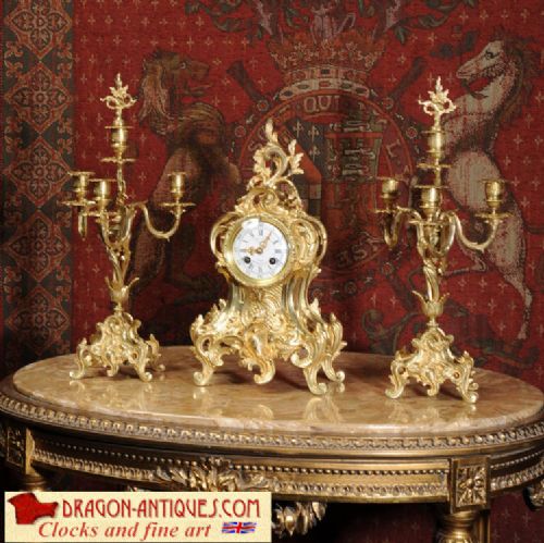 Rococo Antique French Gilt Brass Clock Set
