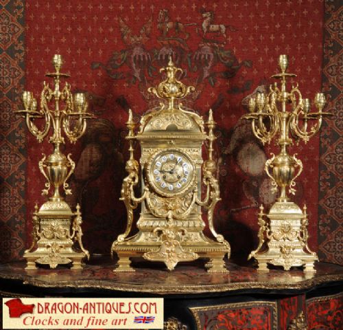 Huge Antique French Gilt Brass Clock Set
