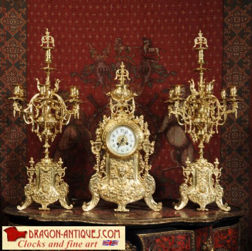 Huge Antique French Gilt Brass Clock Set
by Japy Freres
