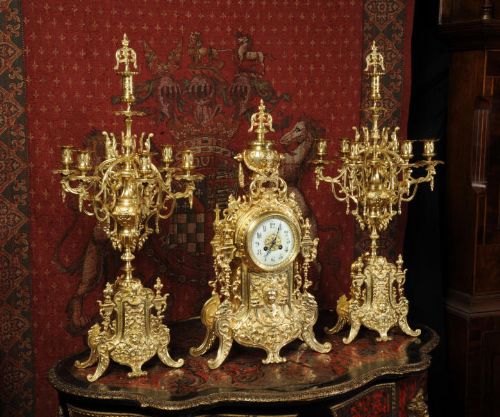 fig 1. Huge Antique French Gilt Brass Clock Set
by Japy Freres
