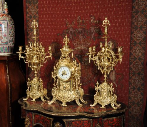 fig 2. Huge Antique French Gilt Brass Clock Set
by Japy Freres