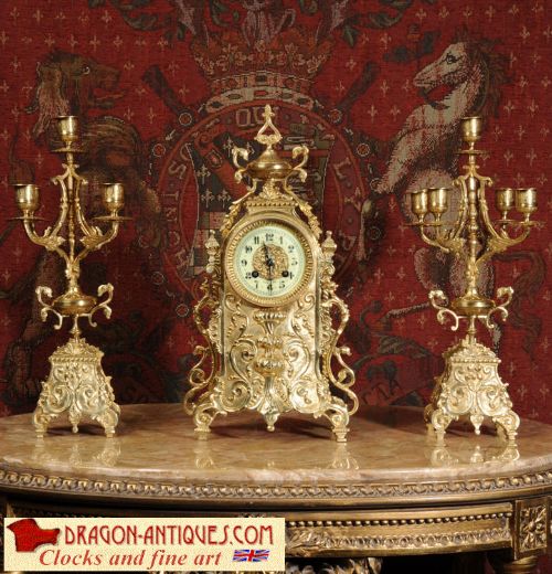 Antique French Gilt Brass Boudoir Clock Set
~ French - Circa 1900 ~