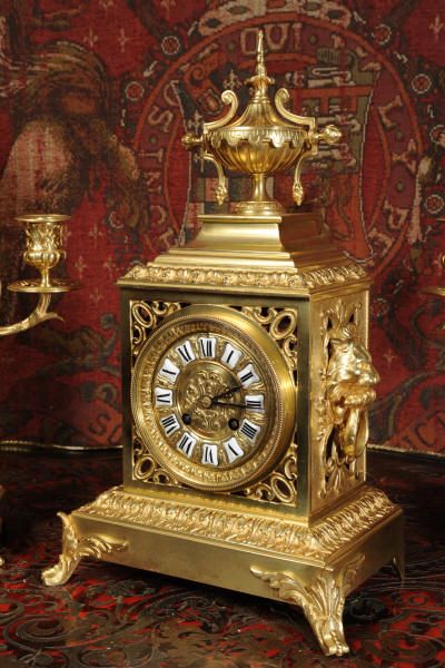 fig 4. Antique French Five Piece Clock Set ~ Lions
