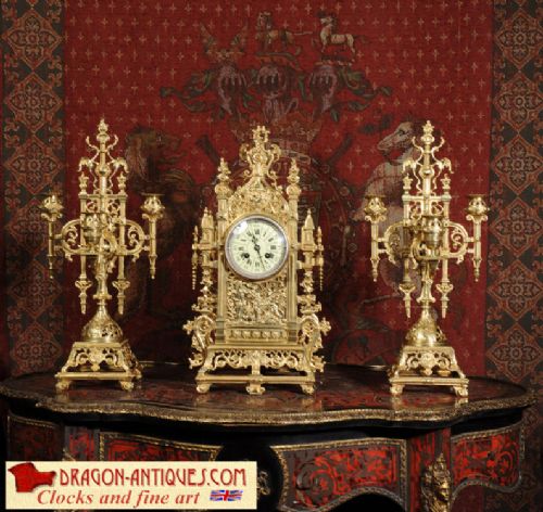Antique Gothic Clock Set by Japy Freres
