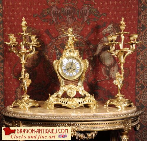 Magnificent Antique French Rococo Gilt Brass Clock Set
