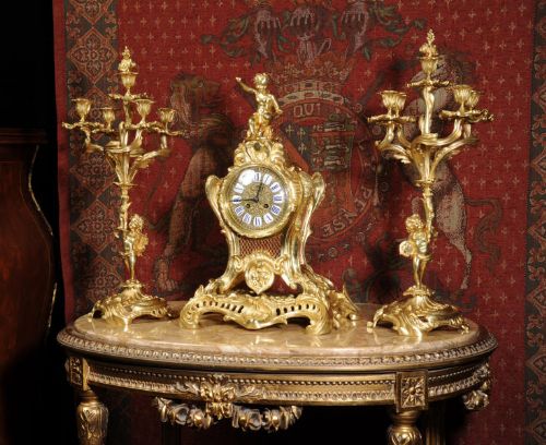 fig 1. Magnificent Antique French Rococo Gilt Brass Clock Set