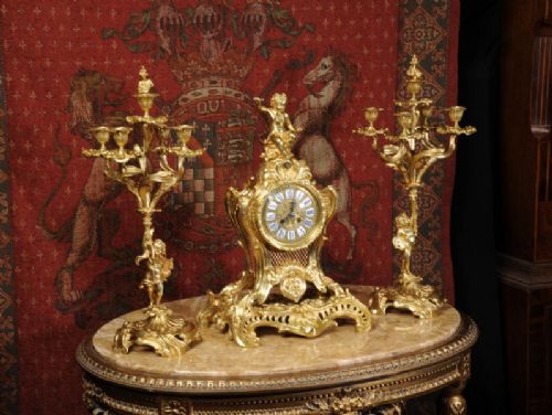 fig 2. Magnificent Antique French Rococo Gilt Brass Clock Set