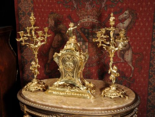 fig 3. Magnificent Antique French Rococo Gilt Brass Clock Set