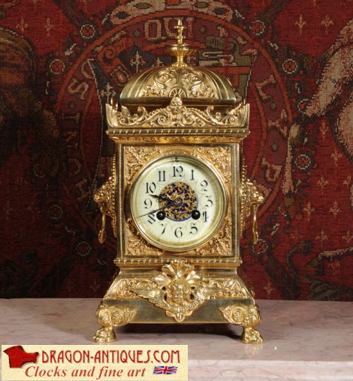 Antique Classical Square Table Clock by Fritz Marti ~ Lions
