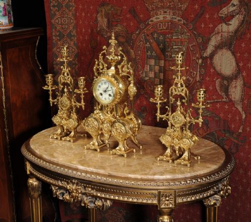 fig 2. Japy Freres Antique French Gilt Brass Gothic Clock Set
~ French - Circa 1890 ~