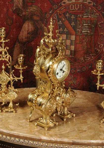 fig 4. Japy Freres Antique French Gilt Brass Gothic Clock Set
~ French - Circa 1890 ~