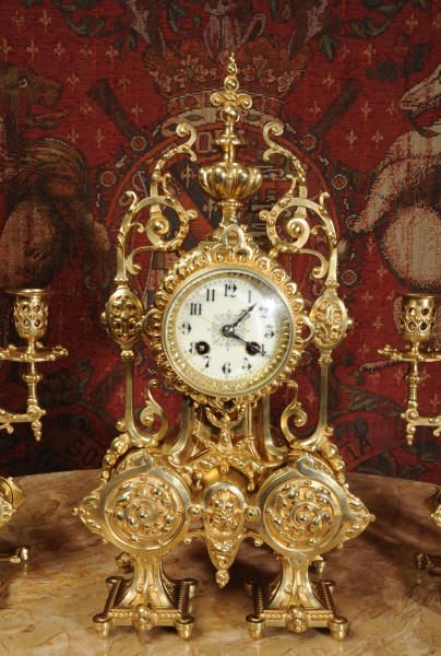 fig 5. Japy Freres Antique French Gilt Brass Gothic Clock Set
~ French - Circa 1890 ~