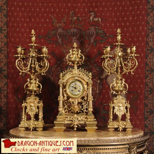 Large Antique Clock Set - Gilt Brass Portico with Visible Pendulum