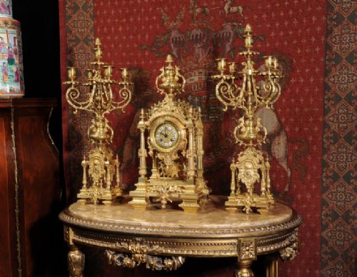 fig 1. Large Antique Clock Set - Gilt Brass Portico with Visible Pendulum
