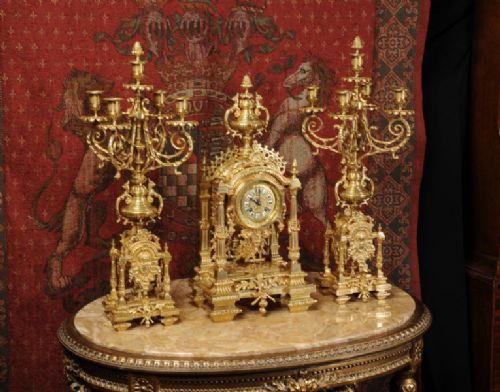 fig 2. Large Antique Clock Set - Gilt Brass Portico with Visible Pendulum