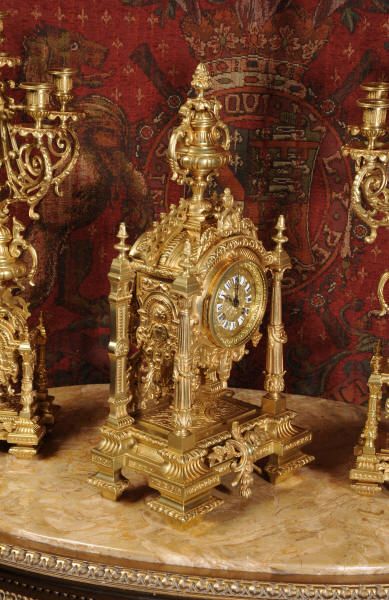fig 4. Large Antique Clock Set - Gilt Brass Portico with Visible Pendulum