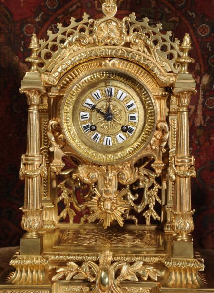 fig 5. Large Antique Clock Set - Gilt Brass Portico with Visible Pendulum