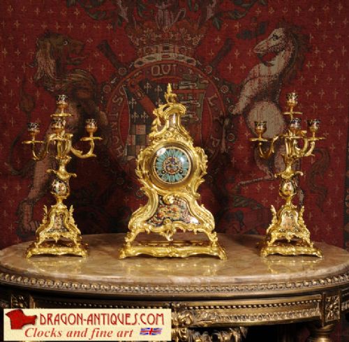 Champlevé Enamel and Gilt Brass Rococo Clock Set by Japy Freres