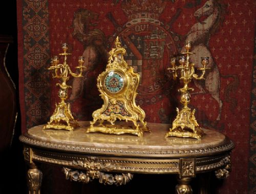 fig 1. Champlevé Enamel and Gilt Brass Rococo Clock Set by Japy Freres
