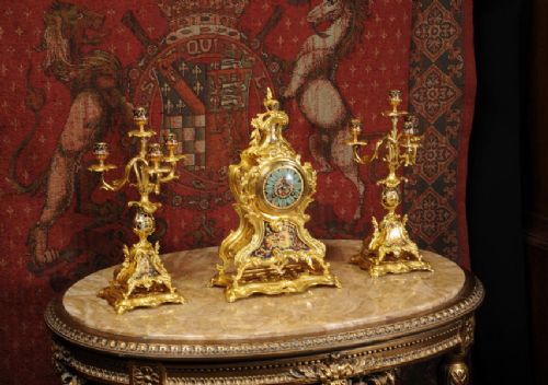 fig 2. Champlevé Enamel and Gilt Brass Rococo Clock Set by Japy Freres