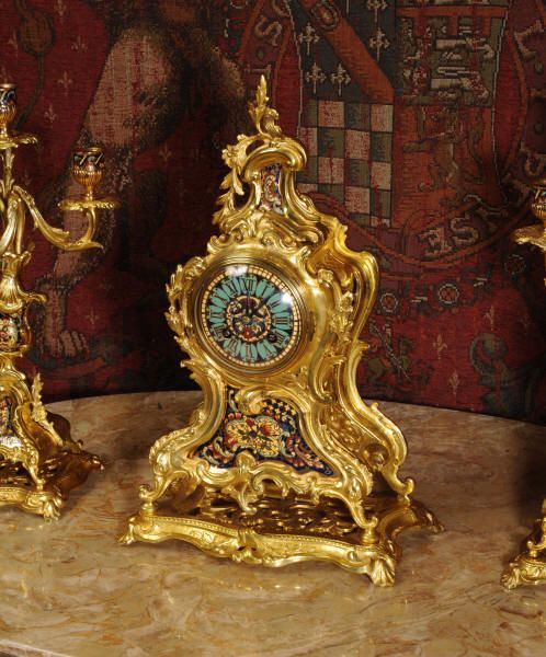 fig 4. Champlevé Enamel and Gilt Brass Rococo Clock Set by Japy Freres