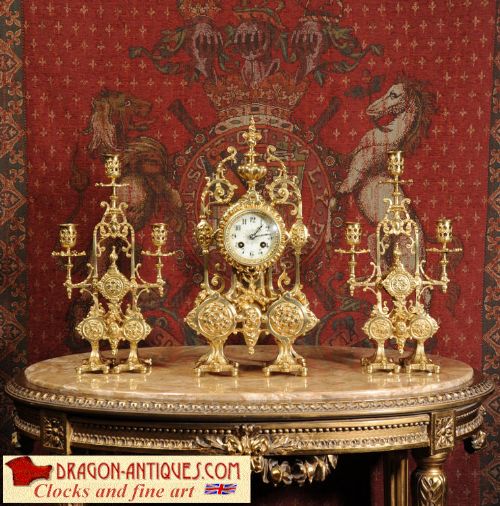 Japy Freres Antique French Gilt Brass Gothic Clock Set
~ French - Circa 1890 ~