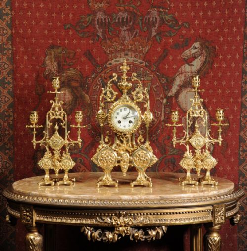 fig 1. Japy Freres Antique French Gilt Brass Gothic Clock Set
~ French - Circa 1890 ~