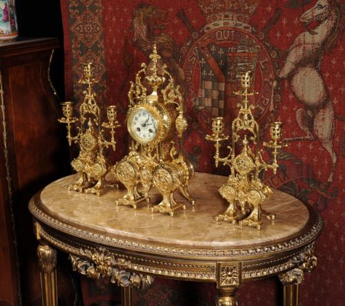 fig 3. Japy Freres Antique French Gilt Brass Gothic Clock Set
~ French - Circa 1890 ~