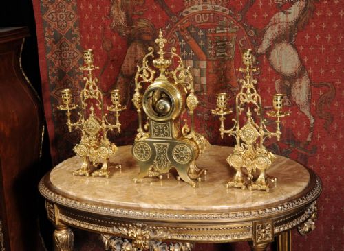 fig 4. Japy Freres Antique French Gilt Brass Gothic Clock Set
~ French - Circa 1890 ~