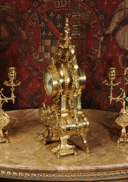 fig 5. Japy Freres Antique French Gilt Brass Gothic Clock Set
~ French - Circa 1890 ~