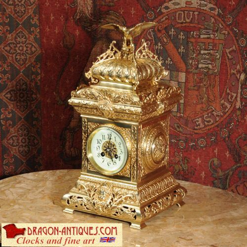 Antique Table Clock ~ French Gilt Brass by Fritz Marti with Eagle