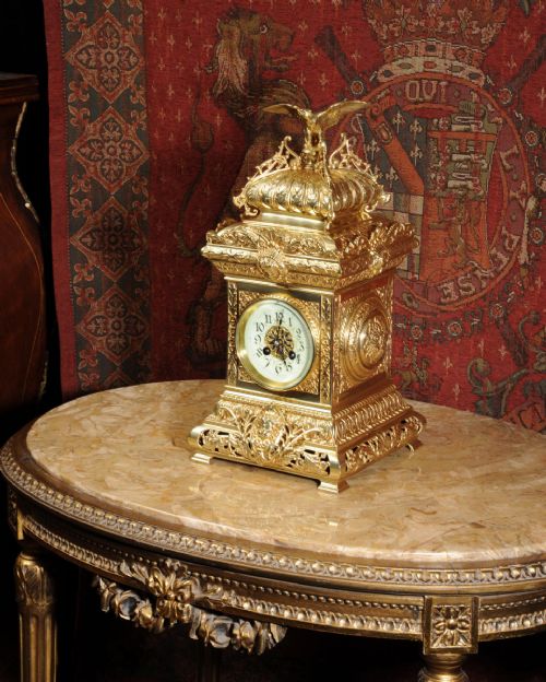 fig 1. Antique Table Clock ~ French Gilt Brass by Fritz Marti with Eagle