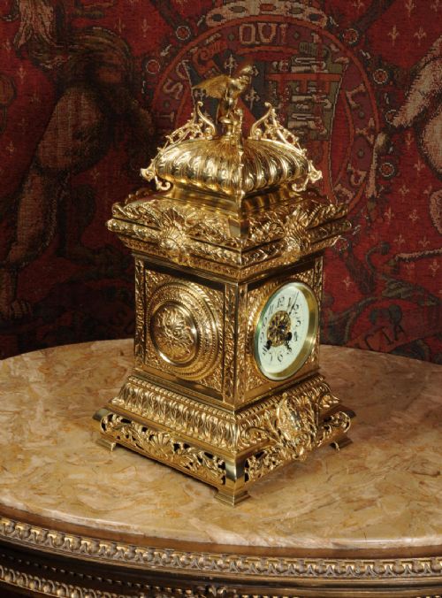 fig 2. Antique Table Clock ~ French Gilt Brass by Fritz Marti with Eagle