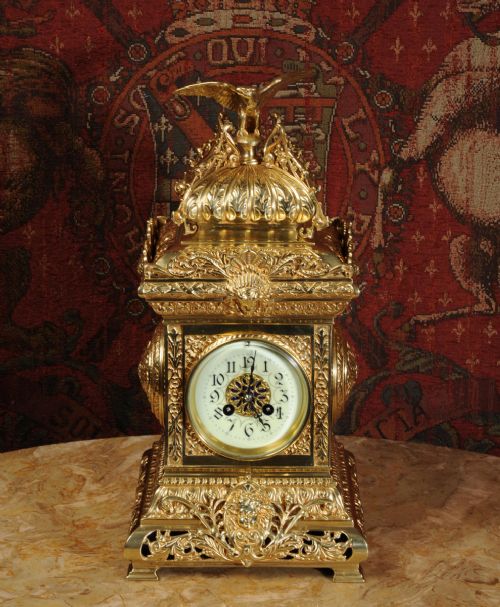 fig 3. Antique Table Clock ~ French Gilt Brass by Fritz Marti with Eagle