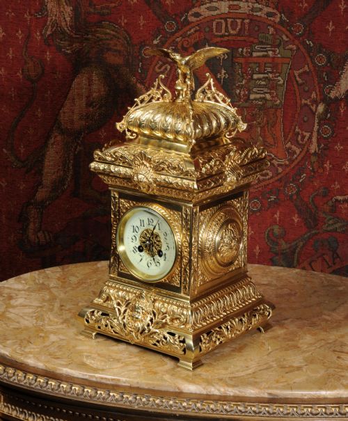 fig 4. Antique Table Clock ~ French Gilt Brass by Fritz Marti with Eagle