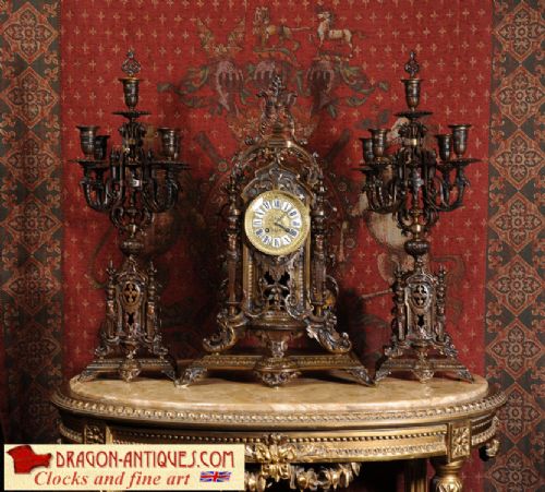 Large Bronze Antique French Clock Set