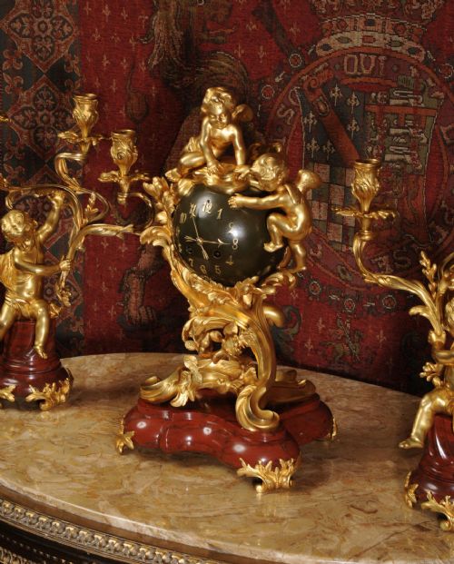 fig 5. Exceptional Antique French Ormolu and Red Marble Clock Set - Cherubs
by Charles Hour of Paris