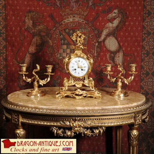 Antique French Ormolu Rococo Boudoir Clock Set ~ Louis Boname