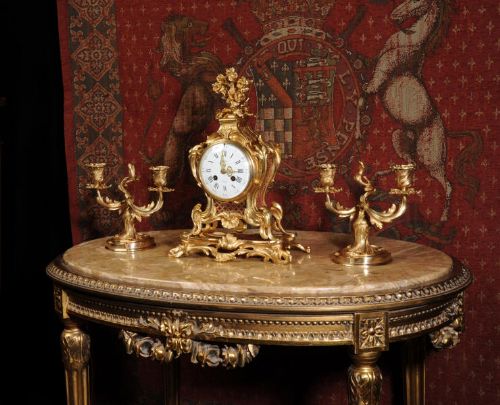 fig 1. Antique French Ormolu Rococo Boudoir Clock Set ~ Louis Boname