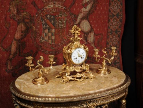 fig 3. Antique French Ormolu Rococo Boudoir Clock Set ~ Louis Boname