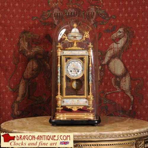 Sevres Porcelain, Champlevé Enamel and Ormolu Boudoir Clock ~ Cherubs, by Samuel Marti