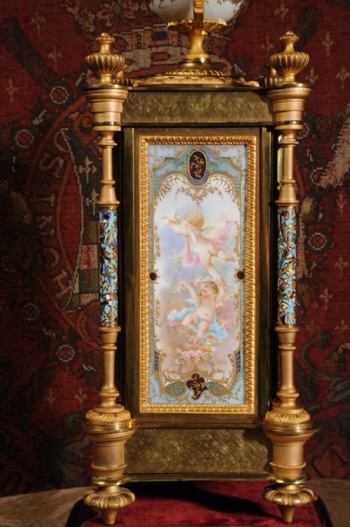 fig 1. Sevres Porcelain, Champlevé Enamel and Ormolu Boudoir Clock ~ Cherubs, by Samuel Marti