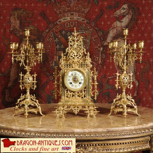 Stunning Antique French Gilt Bronze Gothic Clock Set with Dragons