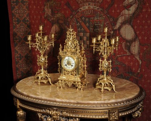 fig 1. Stunning Antique French Gilt Bronze Gothic Clock Set with Dragons