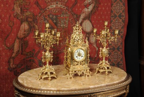 fig 2. Stunning Antique French Gilt Bronze Gothic Clock Set with Dragons