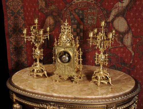 fig 3. Stunning Antique French Gilt Bronze Gothic Clock Set with Dragons
