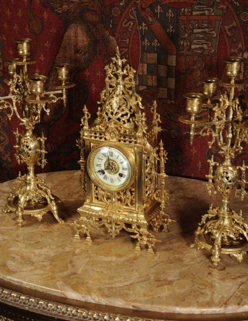 fig 4. Stunning Antique French Gilt Bronze Gothic Clock Set with Dragons